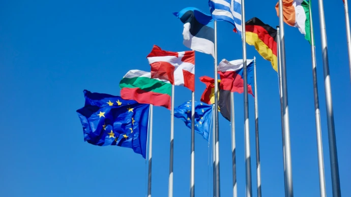 a bunch of flags that are flying in the air